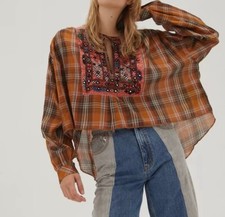 Kimchi Blue Flowy Plaid tunic top embroidered detailing dramatic keyhole NWT S