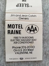 Motel Raine AAA Valentine Nebraska Jim & Jean Colvin Vtg Matchbook Cover
