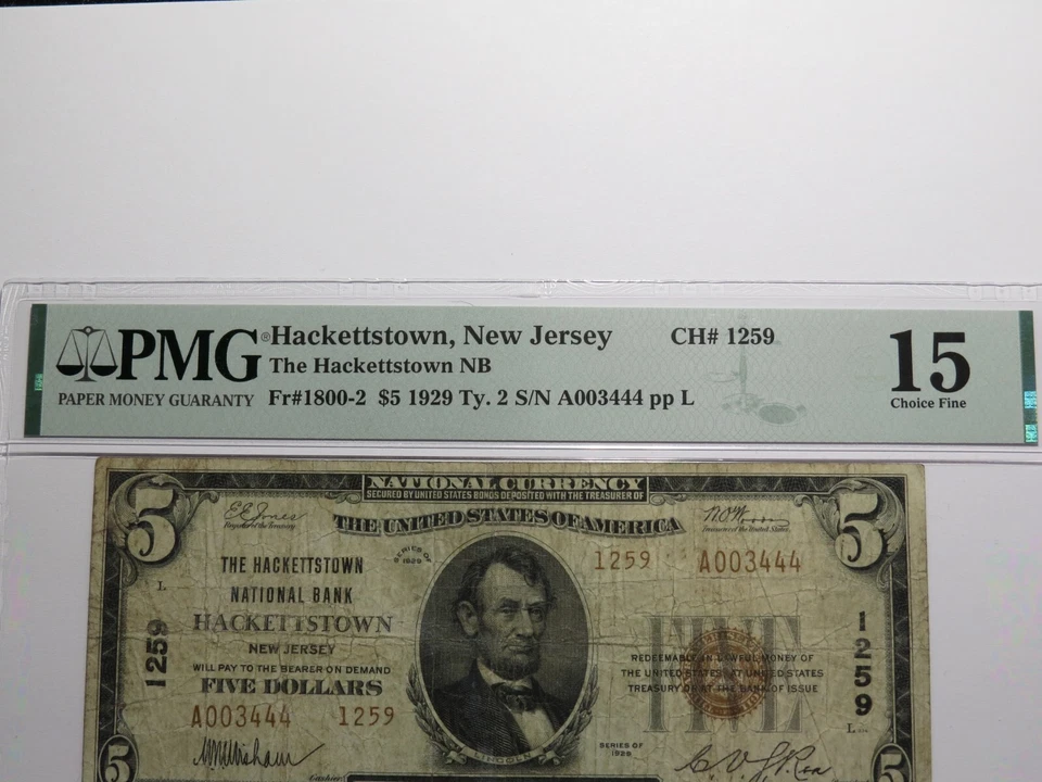 $5 1929 Hackettstown New Jersey NJ National Currency Bank Note Bill Ch #1259 F15 - Image 2 of 4