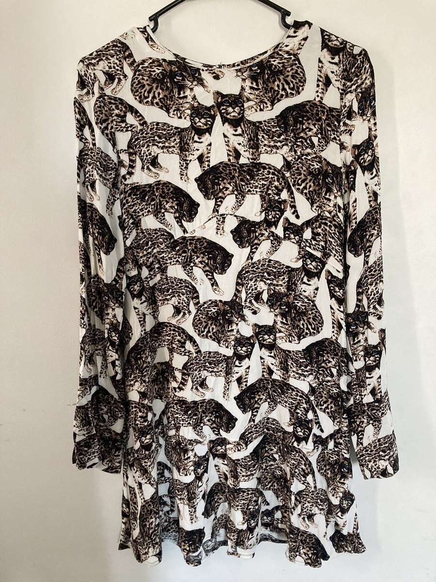 h&m leopard print mini dress H&M Leopard Dress Size 8 Black Brown Ivory Round Neck