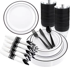 WELLIFE 210Pcs Black Plastic Dinnerware with Pre Rolled Napkins, 