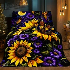 Sunflowers and Butterflies Blanket- Soft and Warm Purple Flannel Blanket 60*80''