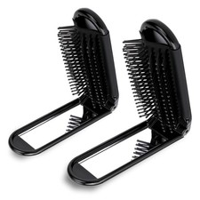 2 Pcs Foldable Hair Brush with Mirror Portable Travel Pocket black