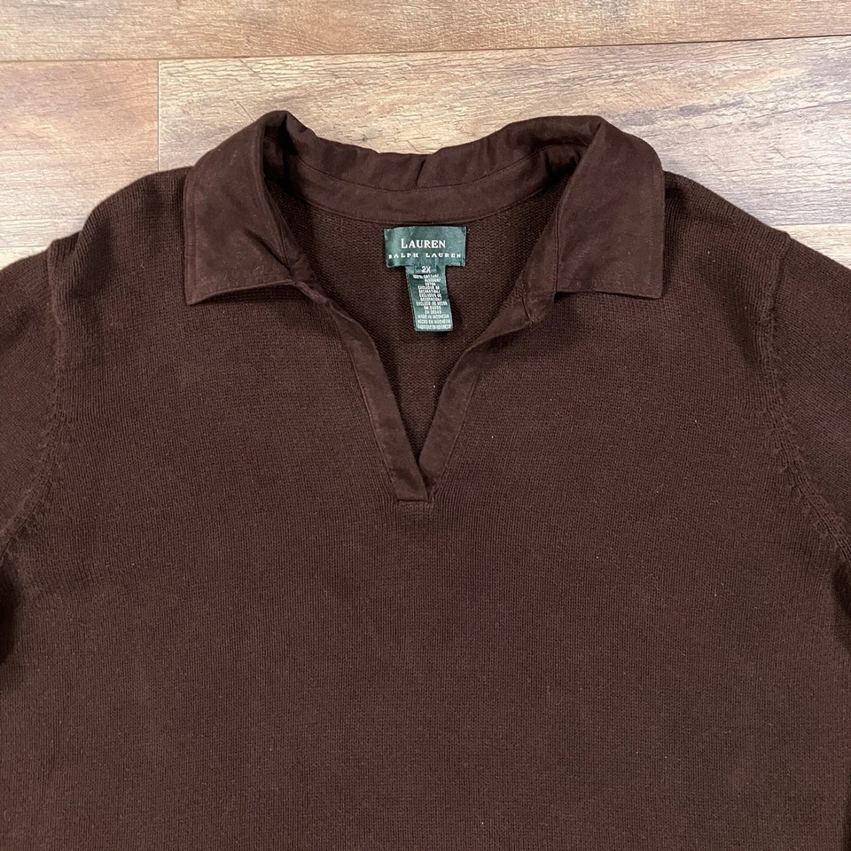 Suéter Lauren Ralph Lauren Mujer 2X Marrón Cuello en V Algodón Tejido Pullover Foto 2 de 4