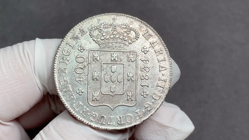 🇵🇹 Portugal Königin Maria II Cruzado 400 Reis Silber 1834 AUSWAHL GETÖNT UNC - Video 1 von 1