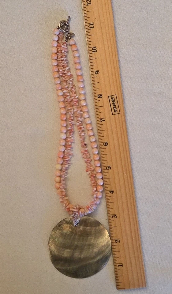 Sally C Treasures Angel Skin Pink Coral Necklace Abalone Shell Pendant Silver925 - Image 3 of 4