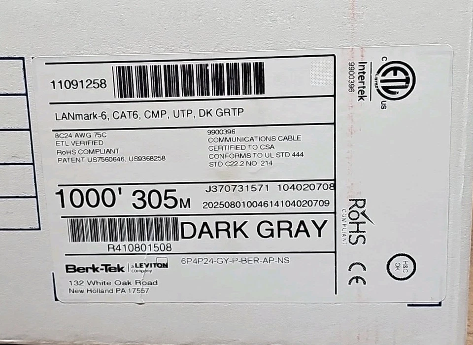 Cableado de datos con clasificación de fuego Berk-Tek Lanmark 6 DRAK GRIS CAT6 PLENUM/CMP - 1000 ft Foto 3 de 4