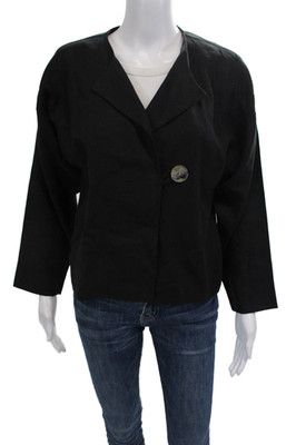 Elliott Lauren Womens Black Linen Blend Blazer Long Sleeve V-Neck Button Size M
