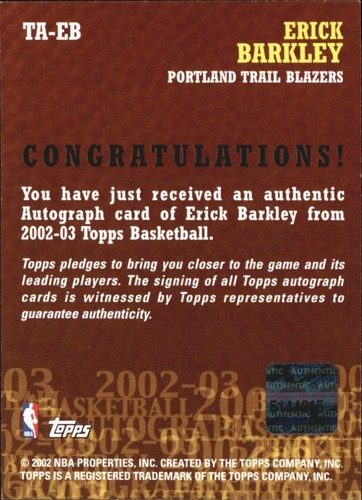 2002-03 Topps Autographs #TAEB Erick Barkley - NM-MT - Imagen 2 de 2