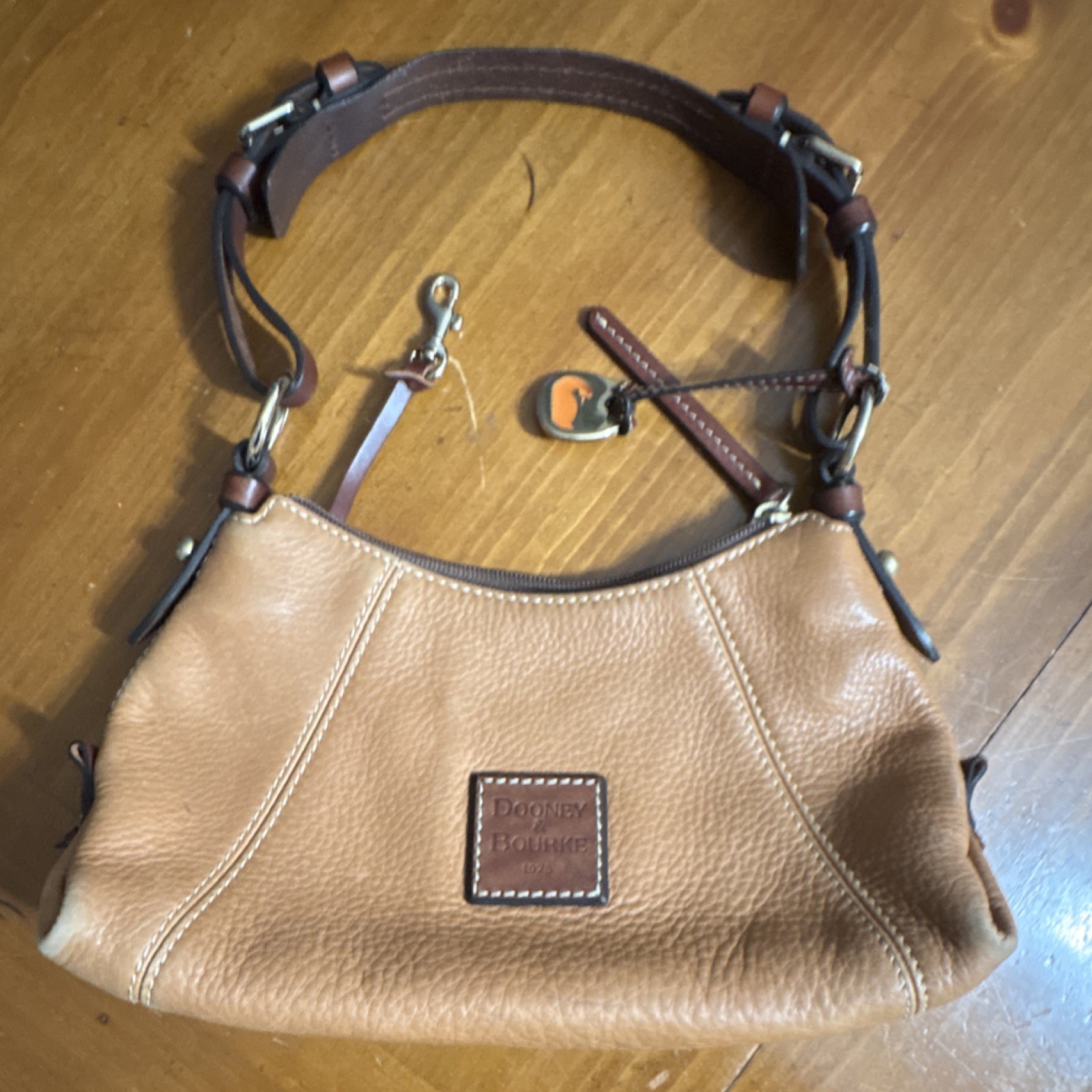 Dooney & Bourke Tan Pebbled Leather Shoulder Bag with Brown Strap & Red Lining