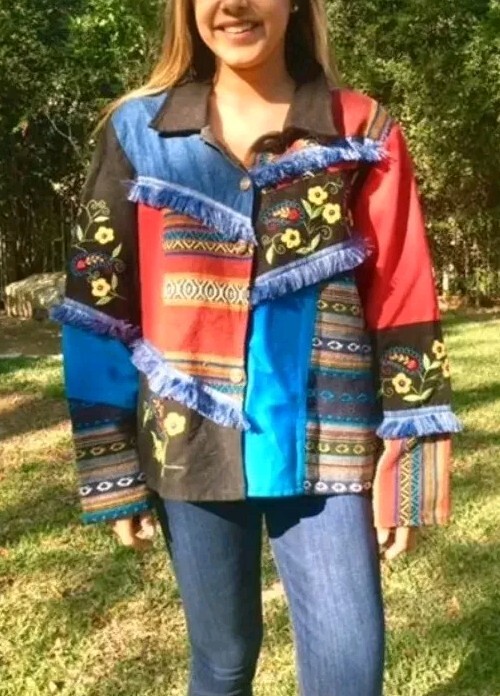Indigo Moon Patchwork Jacket Size L Embroidered B… - image 1