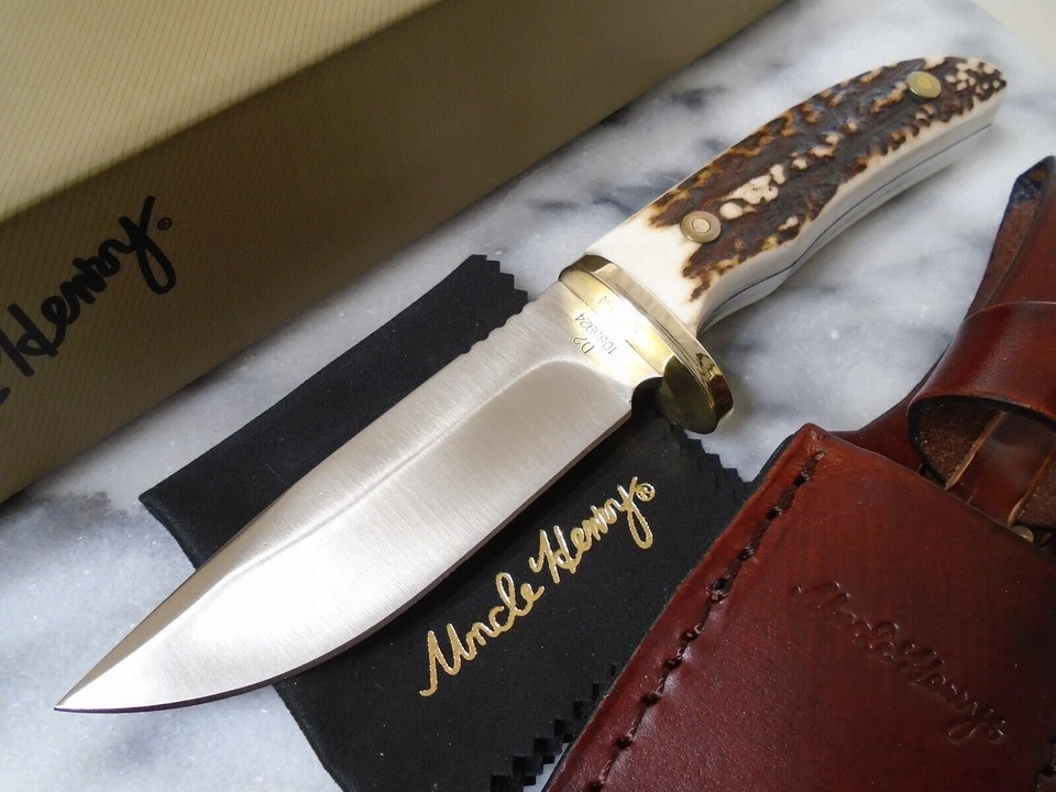 Cuchillo de cazador de hoja fija genuino de ciervo Tío Henry D2 funda de cuero Full Tang Foto 2 de 4
