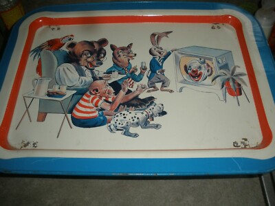 Vintage 1950's Animals Watching Clown on Television Tray with  Folding Leg