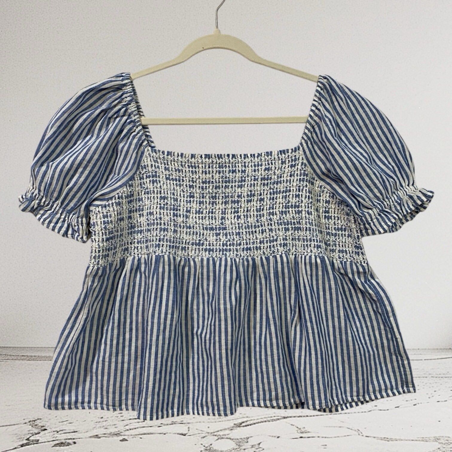 American Eagle Smocked Peplum Babydoll Crop Top Women’s Size Large Linen Blend