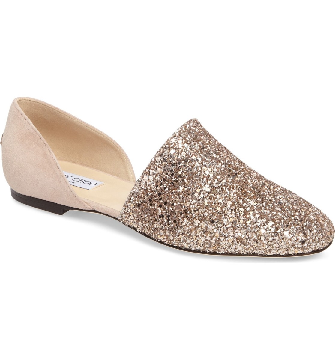 NIB NEW Jimmy Choo Globe Flats Pink or Black Glitter Suede 38 