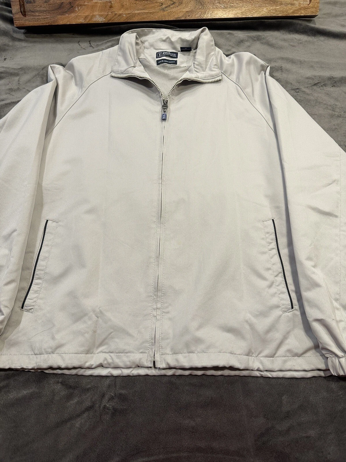 PGA Tour Jacket Mens Medium Beige Full Zip Long Sleeve Pockets Logo