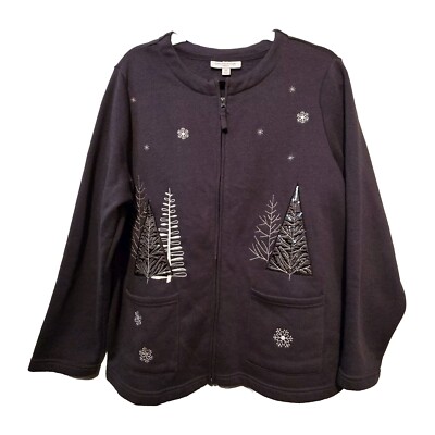 Vintage Breckenridge Zipper Cardigan Womens 1X Gray Christmas Trees Beads Winter