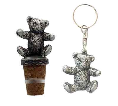 Geschenkset Teddybär Handarbeit Zinn Flaschenverschluss und Schlüsselanhänger