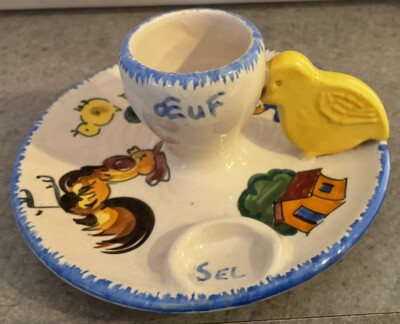 LOUIS SICARD :: Vintage HANDLED EGG CUP  Eat Your Egg  BABY CHICK Signed FRANCE