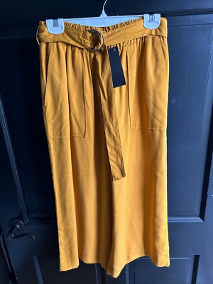 NWT ZARA Woman Gold/Mustard Elastic Waist Palazzo Pants with Belt, Sz L