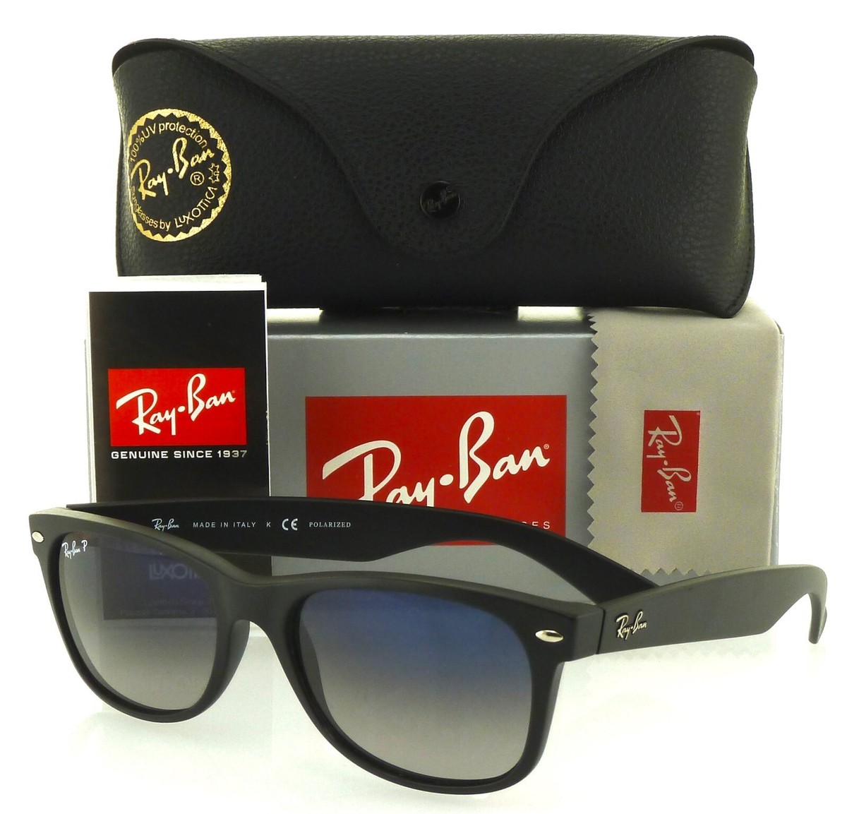 Ray-Ban New Wayfarer Matte Black l Polar Blue Gradient Grey RB2132