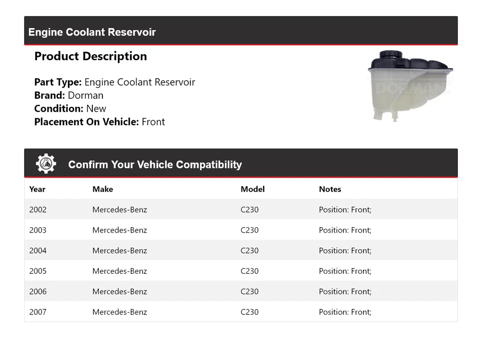 Передний резервуар охлаждающей жидкости двигателя Dorman для Mercedes-Benz C230 2002-2007 годов выпуска 2003 2004 годов выпуска - Изображение 2 из 4