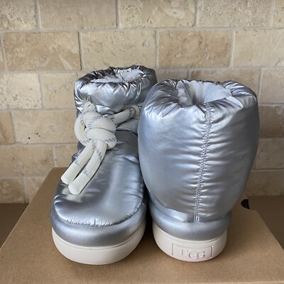 UGG CLASSIC MAXI SHORT METALLIC SILVER SLIP PULL ON PUFF BOOTS