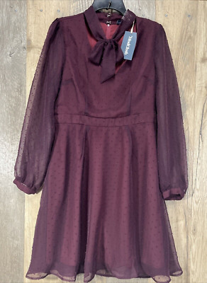 MODCLOTH Apogee of Elegance Fit & Flare Dress Size 10 Burgundy Swiss Dot Chiffon