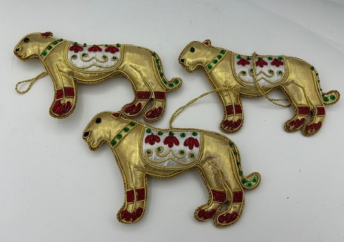Gold Sequined Lion Cat Plush Ornate Handmade Ornaments India 5.5”-Set Of 3