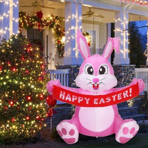 5Ft Easter Inflatable Pink Bunny Holds Happy Easter Banner Lighted Blow Up Decor - Picture 4 of 14