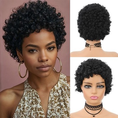 Women Black Curly Short Wig Synthetic Fiber Kinky Afro Style Natural Wig