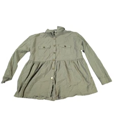 Davi & Dani Button Up Olive Green Military Peplum Shirt Women Size S Oversized