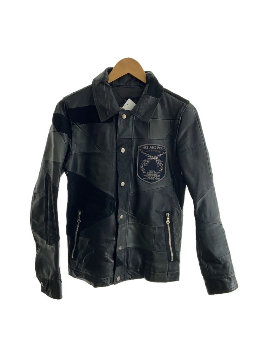 Men's Black All-Over Pattern Leather Blouson Jacket 373