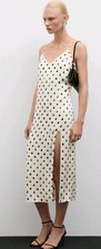 BNWT MANGO OFF WHITE CREAM POLKA DOT MIDI SLIP DRESS SIDE SPLIT SIZE 8