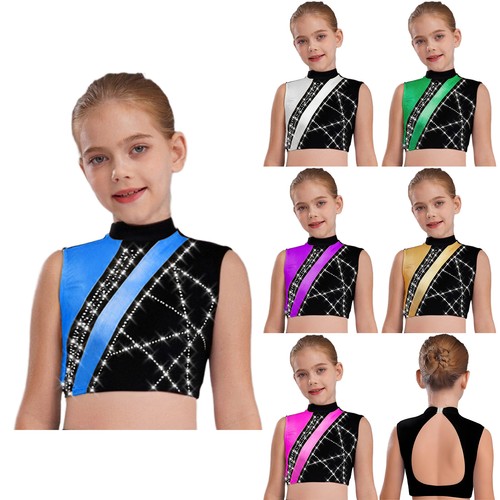 DE Kinder Mädchen Crop Top Bauchfrei Glitzer Ballett Tshirt Ärmellos Unterhemd - Picture 6 of 53