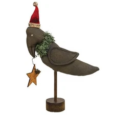 NEW Primitive CHRISTMAS CROW Santa Hat Plush Sitter Wooden Base 11.5"T x 8"W NEW