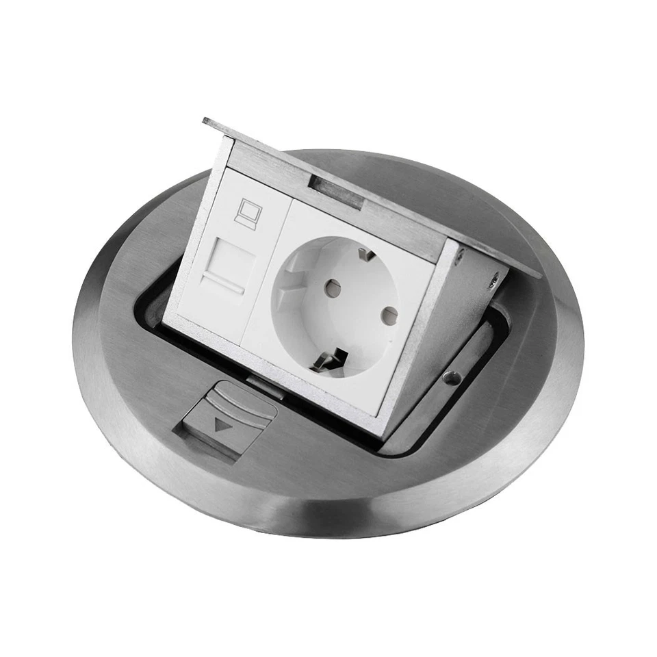 NCC-LICHT Prise Encastrée Prise De Sol Ronde 2-Fois RJ45 & SCHUKO Acier Inoxydable Mur Sol