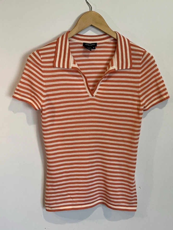 Lote Top Henri Bendel Mediano Cachemira Seda Manga Corta Rayas Rosa Azul Para Mujer’s Foto 3 de 4