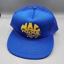 Vintage 80s Mac Tools Racing Snapback Mesh Trucker Hat Blue w/ Yellow Writing