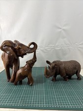 Wooden Elephant Baby & Mother Hand Sculpted, & Rhino Sculpture