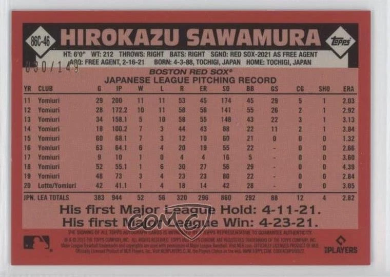 2021 Topps Update /149 Hirokazu Sawamura #86C-46 Rookie Auto RC - Image 2 of 2