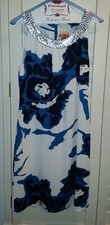 Tory Burch Blue & White Cocktail Halter Dress with Embellished Neckline - Size 8