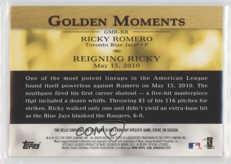 2012 Topps Golden Moments Relics Series 2 Ricky Romero #GMR-RR - Image 2 of 2