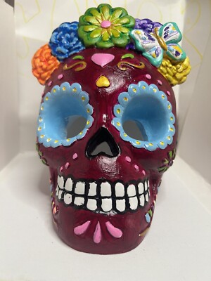 8 Inch Tall Hand Painted Ceramic Sugar Skull Day Of The Dead