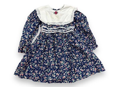 Vtg Polly Flinders Girl's Dress Big Collar Navy Floral Calico Ruffled  Prarie 3T