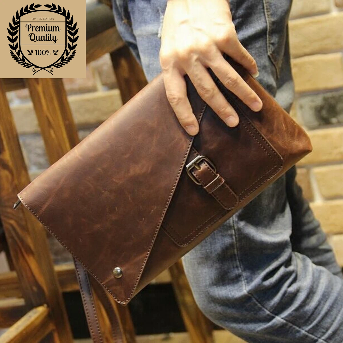 Mens Leather Hand Bag Business Male Fashion Envelope Wristlet Clutch Purse  Pack