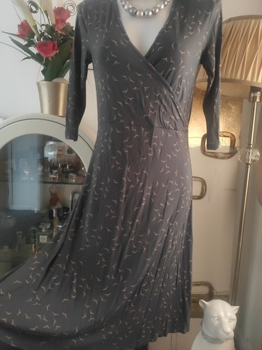 PRINCIPLES Dress Wrap Style UK 12 Gray Gold birds pattern fit & flare BNWT - Picture 9 of 11