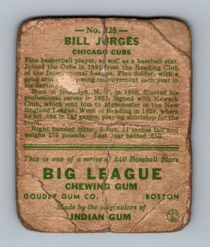 1933 Goudey #225 Bill Jurges BASSO GRADO carta da baseball vintage - Foto 2 di 2