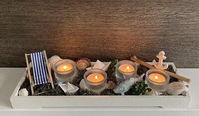 Deko Tisch Tablett Kerzentablett Maritim Design Sommer Meer Verziert Unikat
