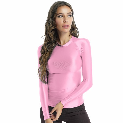 Women's Shiny Shirts Long Sleeve Crop Top Stretchy Slim Fit Yoga T-shirt Blouse - Picture 60 of 101